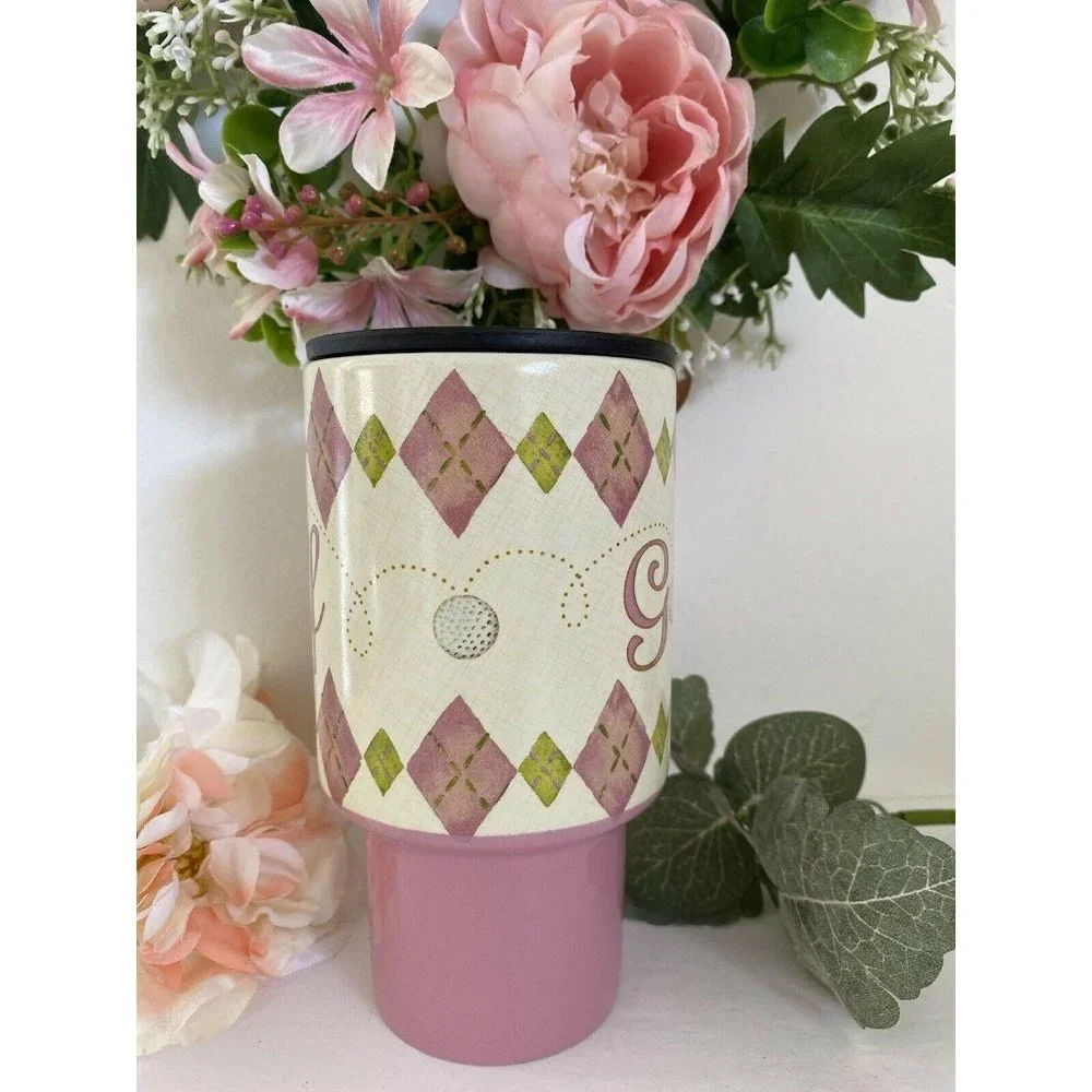 Lang Golf Travel Mug Pink‎ Argyle Ceramic Lid Golf